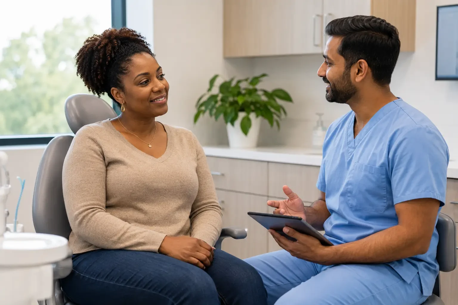 Friendly dentist supporting a nervous patient during a calm dental appointment