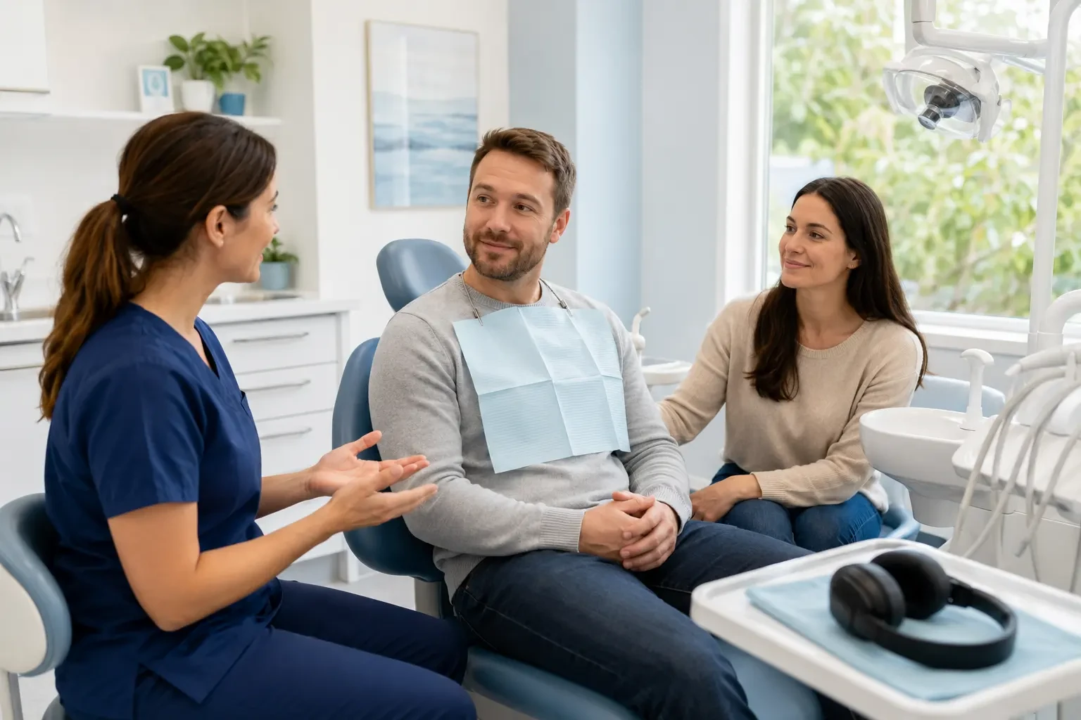 Dentist reassuring a nervous patient during a calm dental consultation