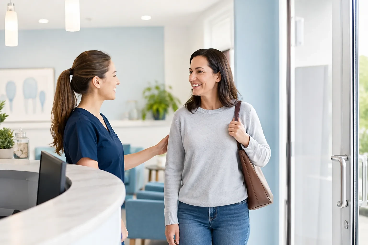 Friendly dental nurse speaking with a patient who has been avoiding dental treatment