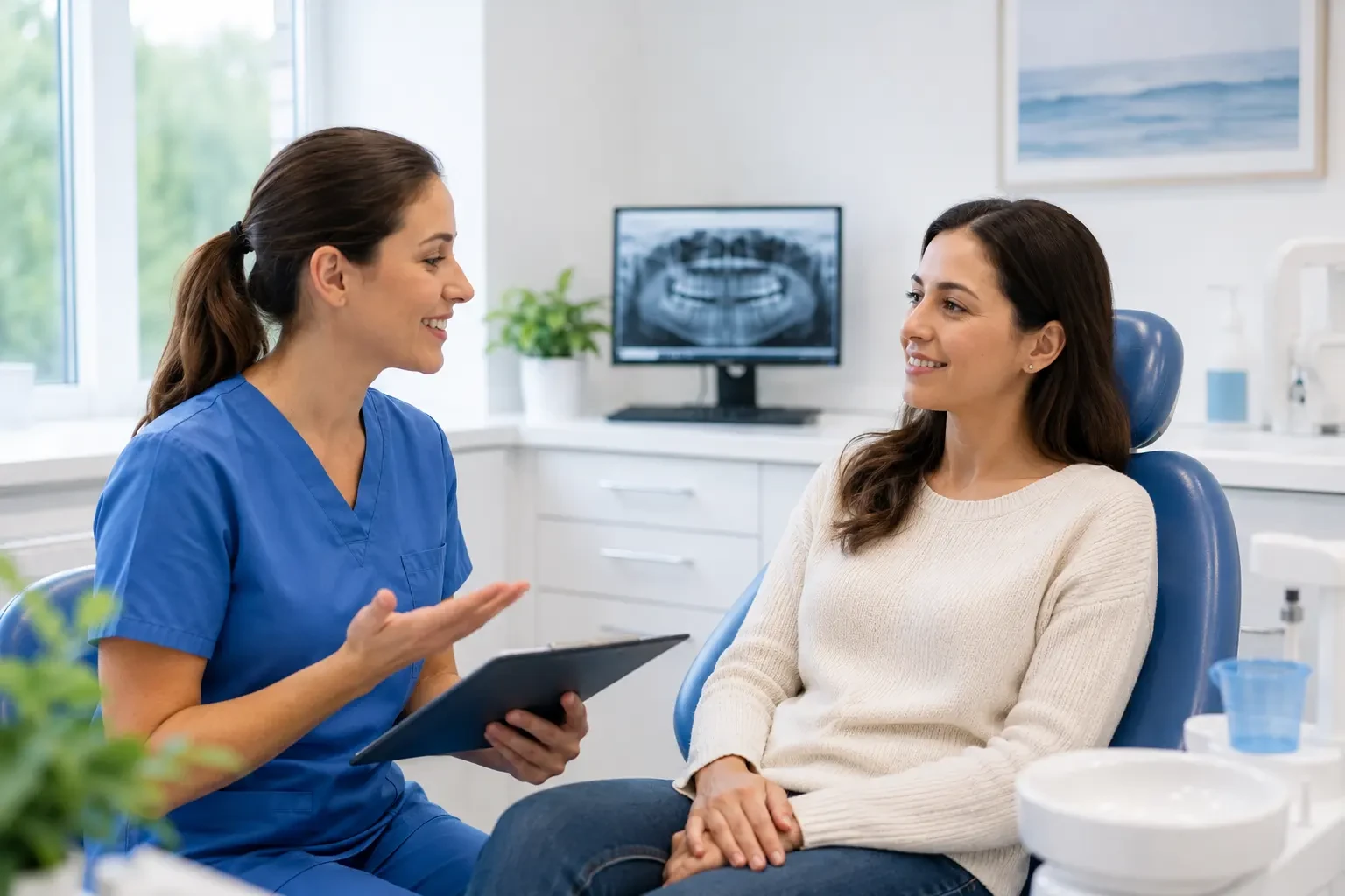 Friendly dentist welcoming a patient during their first dental visit